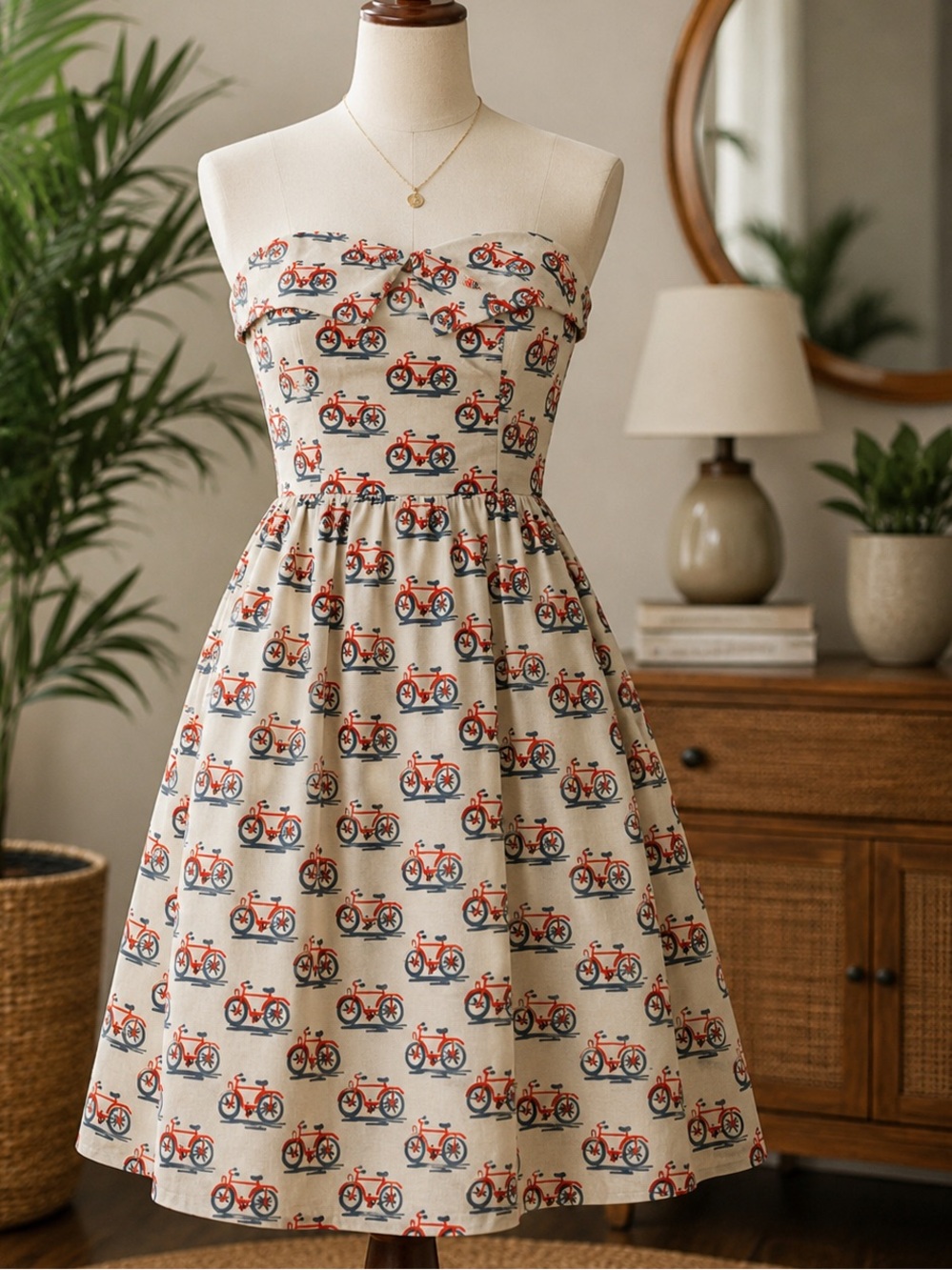 Anthropologie Postmark Bike Lanes Dress Sz 2 Bicycle Print Strapless Fit Flare